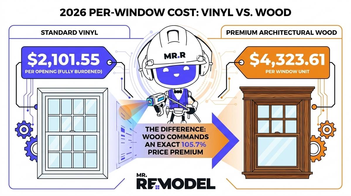 A 2026 window cost comparison infographic showing the per-unit costs for standard vinyl ($2,101.55) and premium wood-clad ($4,323.61), highlighting the 105.7% price premium for wood.